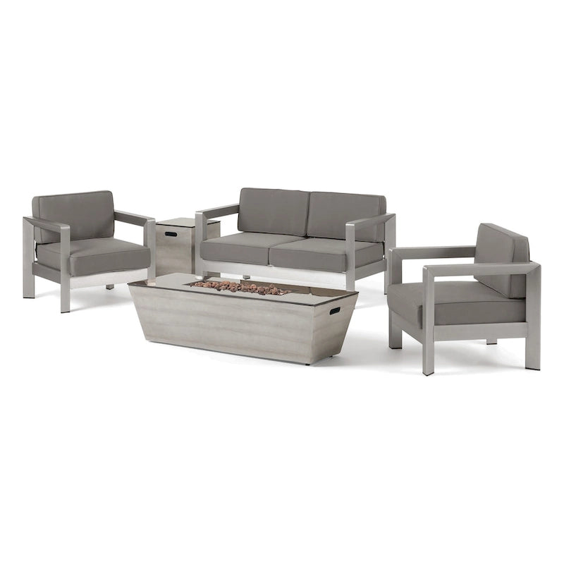 Ensemble de conversation d'extérieur moderne 4 places en aluminium Amata avec foyer et support de réservoir par Christopher Knight Home