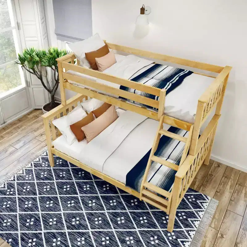 Lit superposé double en bois massif avec lit double en dessous, sans sommier tapissier requis