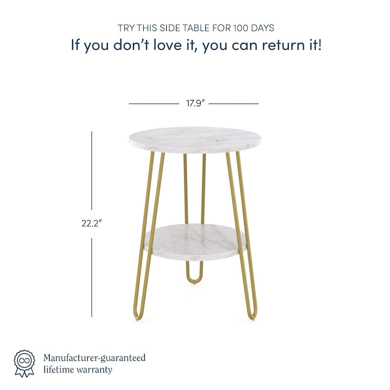 Table d'appoint ou de bout Nathan James Ashley en marbre blanc avec pieds épingle en laiton et étagère de rangement