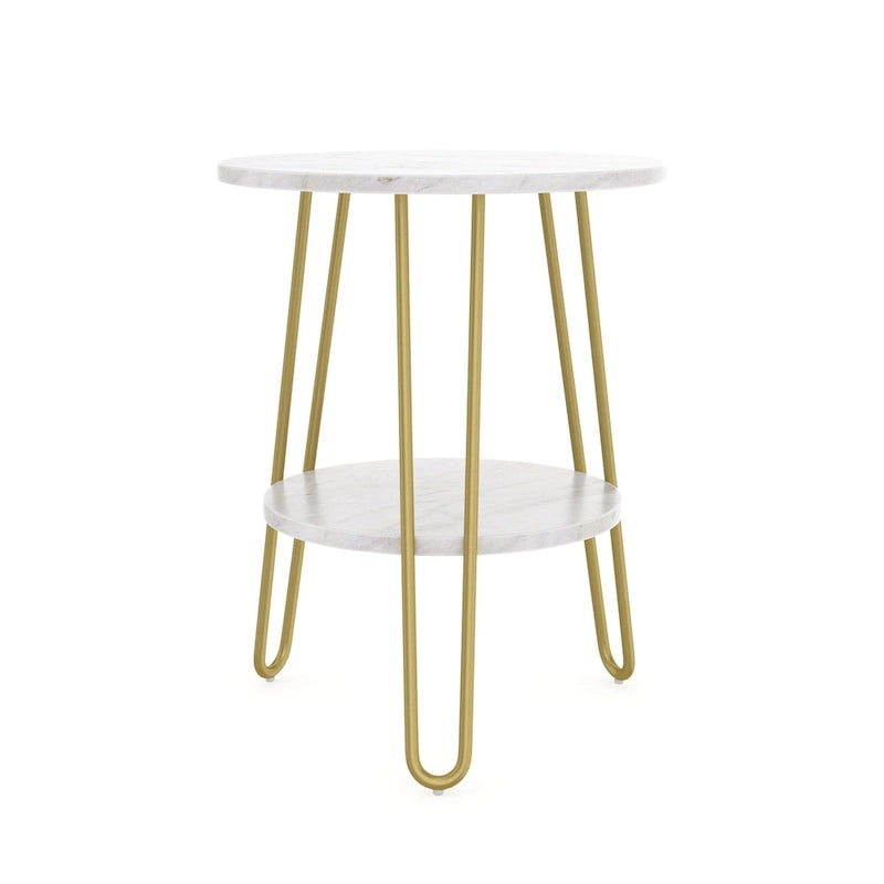 Table d'appoint ou de bout Nathan James Ashley en marbre blanc avec pieds épingle en laiton et étagère de rangement