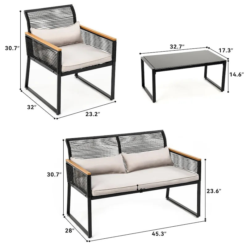 Ensemble de canapé d'angle en osier 4 pièces avec coussins pour l'extérieur