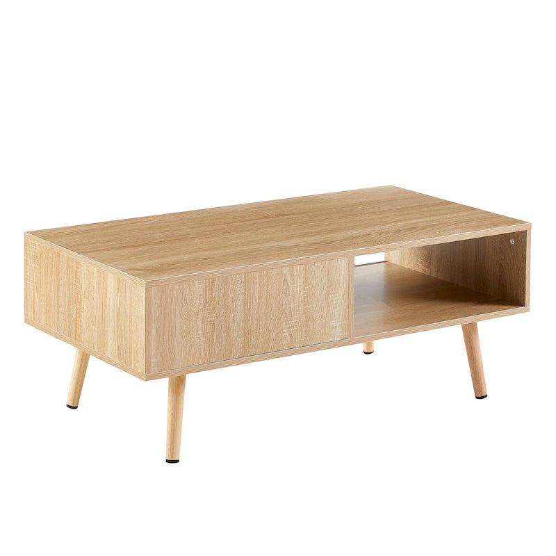 Table basse en rotin, table d'appoint, porte coulissante tressée et pieds en bois massif - 105 L x 55 P x 41,5 H cm