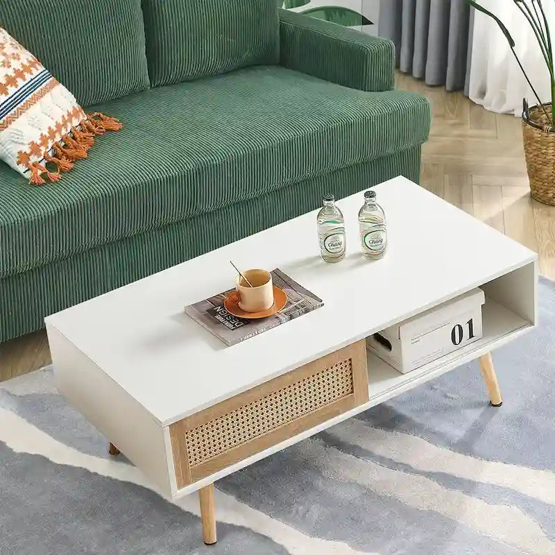 Table basse en rotin, table d'appoint, porte coulissante tressée et pieds en bois massif - 105 L x 55 P x 41,5 H cm