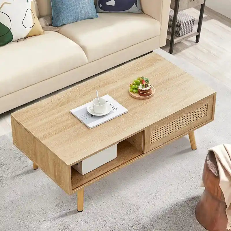 Table basse en rotin, table d'appoint, porte coulissante tressée et pieds en bois massif - 105 L x 55 P x 41,5 H cm