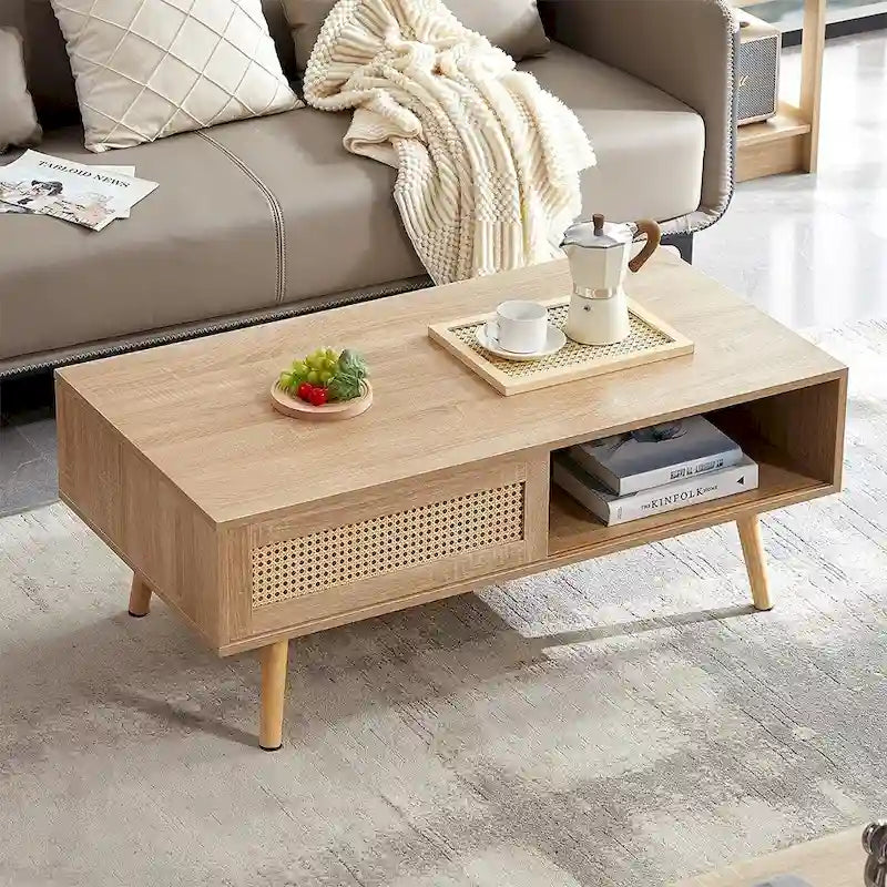 Table basse en rotin, table d'appoint, porte coulissante tressée et pieds en bois massif - 105 L x 55 P x 41,5 H cm