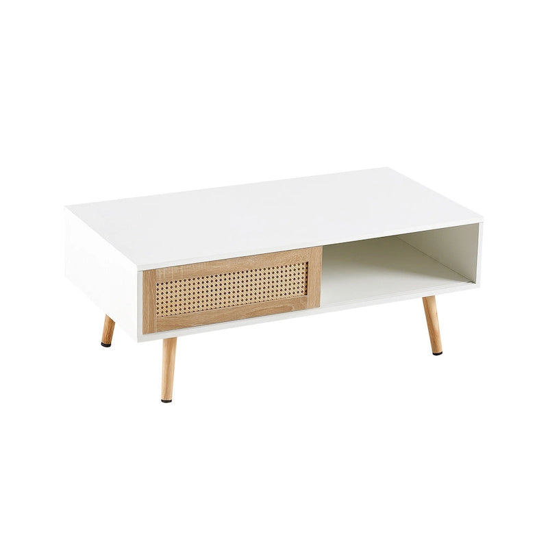 Table basse en rotin, table d'appoint, porte coulissante tressée et pieds en bois massif - 105 L x 55 P x 41,5 H cm