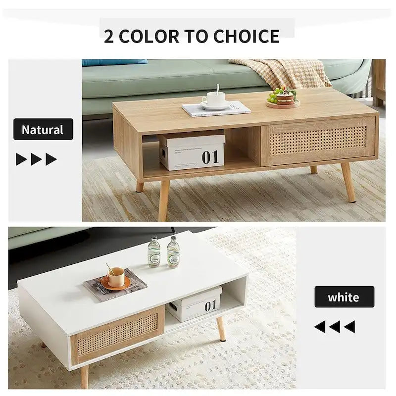 Table basse en rotin, table d'appoint, porte coulissante tressée et pieds en bois massif - 105 L x 55 P x 41,5 H cm