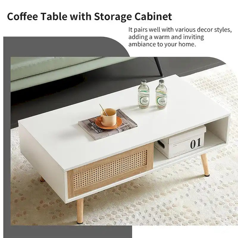 Table basse en rotin, table d'appoint, porte coulissante tressée et pieds en bois massif - 105 L x 55 P x 41,5 H cm