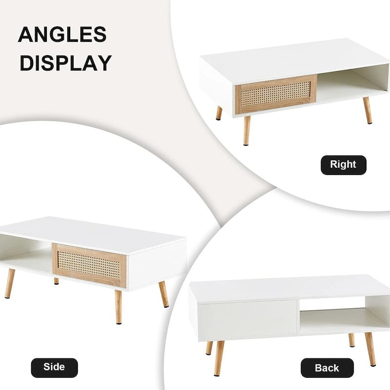 Table basse en rotin, table d'appoint, porte coulissante tressée et pieds en bois massif - 105 L x 55 P x 41,5 H cm