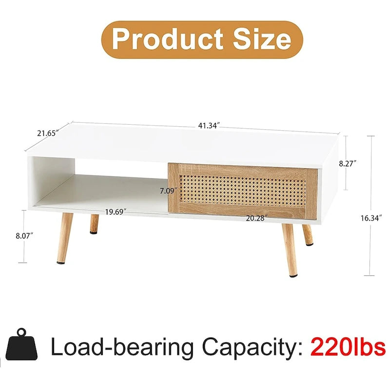 Table basse en rotin, table d'appoint, porte coulissante tressée et pieds en bois massif - 105 L x 55 P x 41,5 H cm