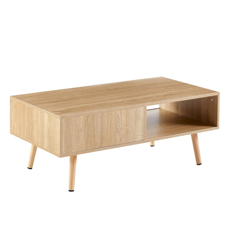 Table basse en rotin, table d'appoint, porte coulissante tressée et pieds en bois massif - 105 L x 55 P x 41,5 H cm