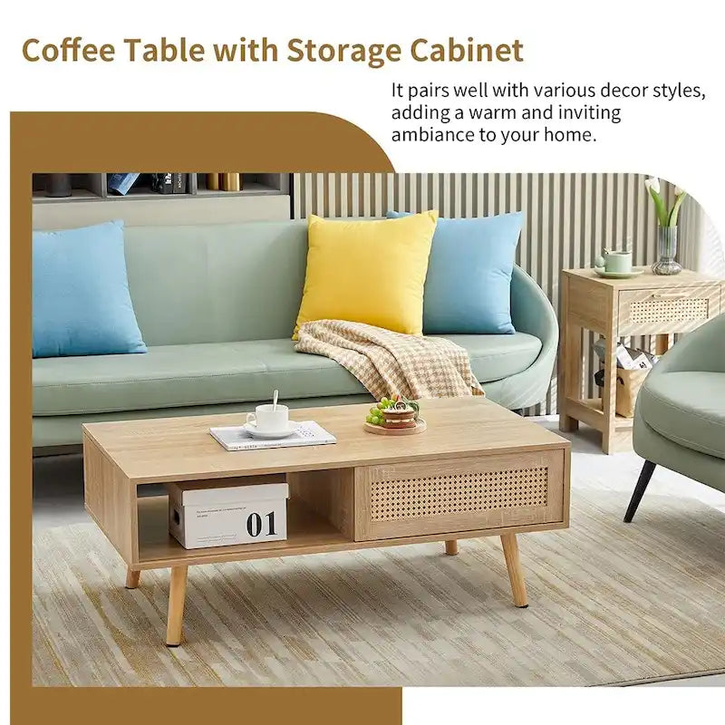 Table basse en rotin, table d'appoint, porte coulissante tressée et pieds en bois massif - 105 L x 55 P x 41,5 H cm