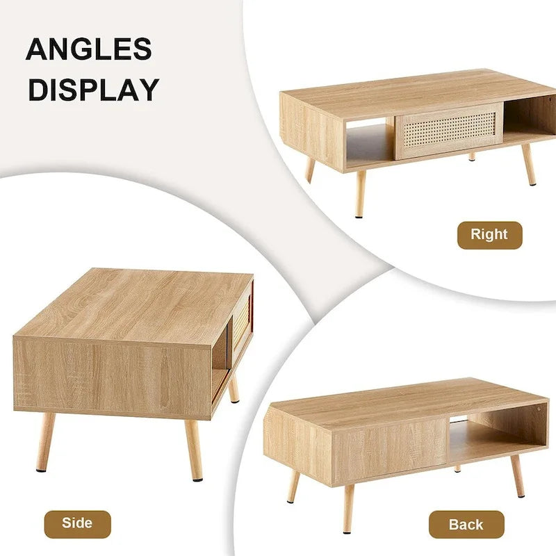 Table basse en rotin, table d'appoint, porte coulissante tressée et pieds en bois massif - 105 L x 55 P x 41,5 H cm