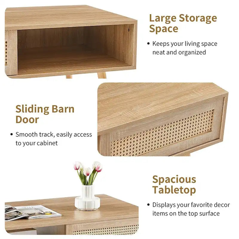 Table basse en rotin, table d'appoint, porte coulissante tressée et pieds en bois massif - 105 L x 55 P x 41,5 H cm