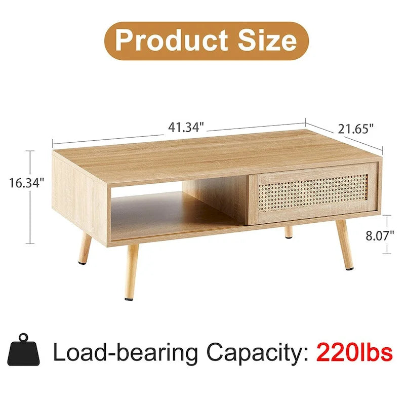 Table basse en rotin, table d'appoint, porte coulissante tressée et pieds en bois massif - 105 L x 55 P x 41,5 H cm