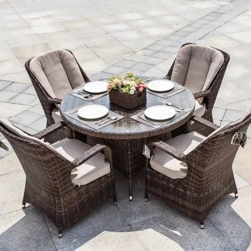 Ensemble de salle à manger rond en osier 5 pièces avec 4 fauteuils pour patio