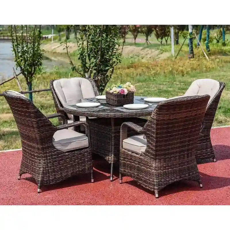 Ensemble de salle à manger rond en osier 5 pièces avec 4 fauteuils pour patio