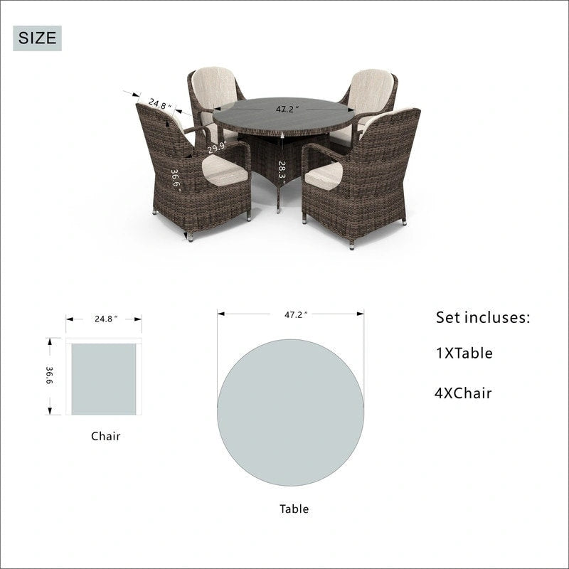 Ensemble de salle à manger rond en osier 5 pièces avec 4 fauteuils pour patio