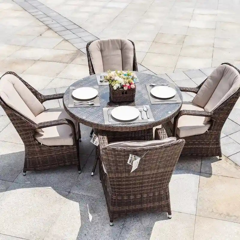 Ensemble de salle à manger rond en osier 5 pièces avec 4 fauteuils pour patio
