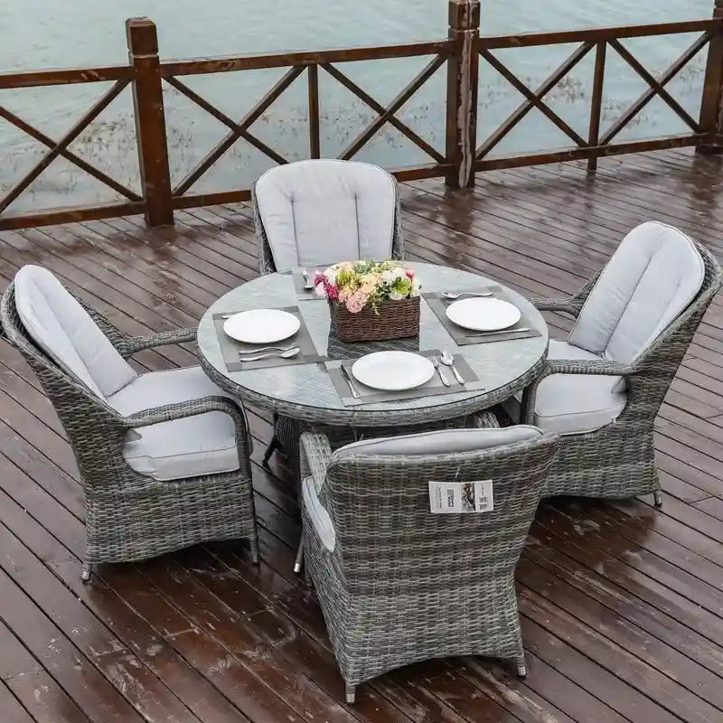 Ensemble de salle à manger rond en osier 5 pièces avec 4 fauteuils pour patio