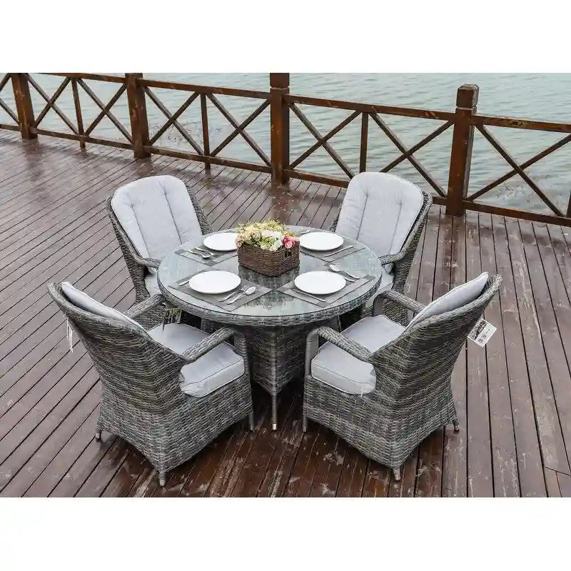 Ensemble de salle à manger rond en osier 5 pièces avec 4 fauteuils pour patio