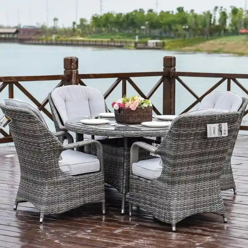 Ensemble de salle à manger rond en osier 5 pièces avec 4 fauteuils pour patio