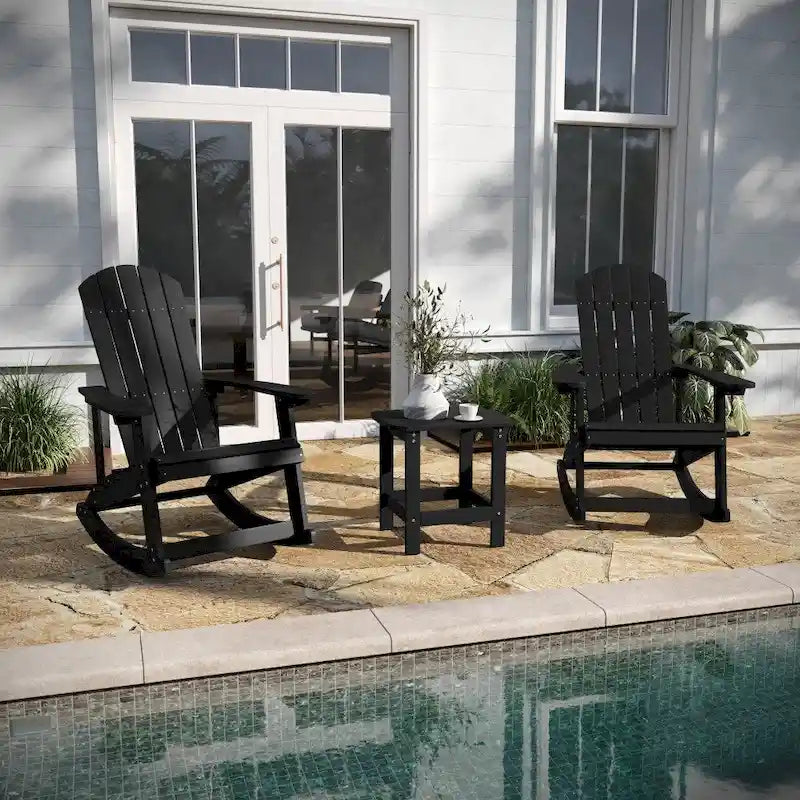 Set of 2 Poly Resin Adirondack Rocking Chairs with 1 Side Table