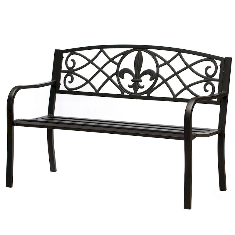 Banc de jardin extérieur en acier, décor de pelouse avec dossier en fonte au design unique, banc d'assise noir pour cour, patio, jardin