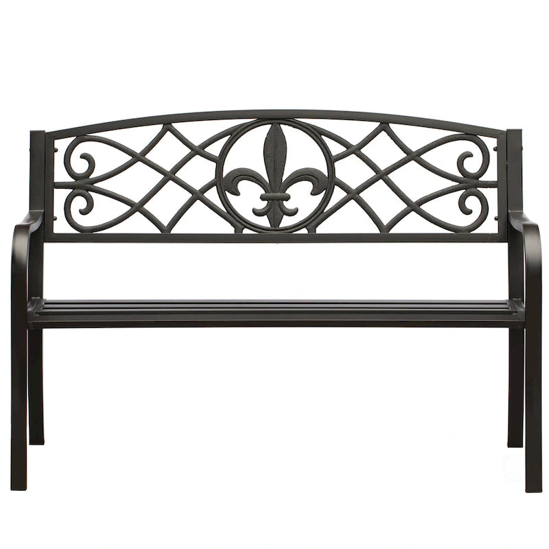 Banc de jardin extérieur en acier, décor de pelouse avec dossier en fonte au design unique, banc d'assise noir pour cour, patio, jardin