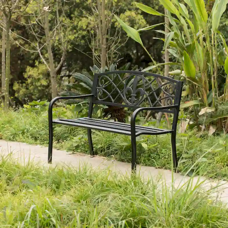 Banc de jardin extérieur en acier, décor de pelouse avec dossier en fonte au design unique, banc d'assise noir pour cour, patio, jardin