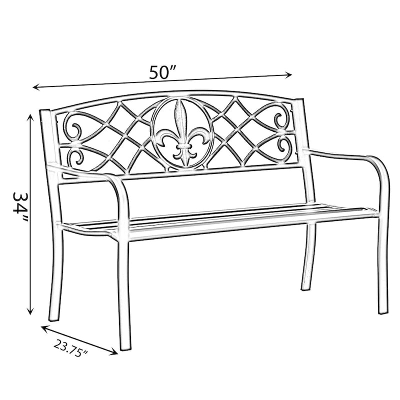 Banc de jardin extérieur en acier, décor de pelouse avec dossier en fonte au design unique, banc d'assise noir pour cour, patio, jardin