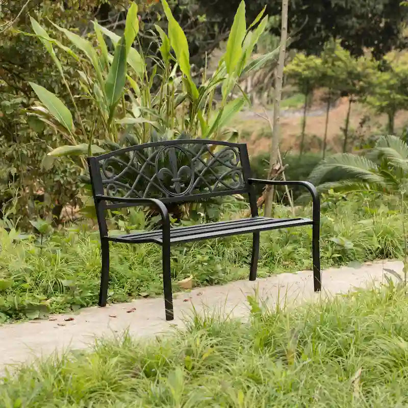 Banc de jardin extérieur en acier, décor de pelouse avec dossier en fonte au design unique, banc d'assise noir pour cour, patio, jardin