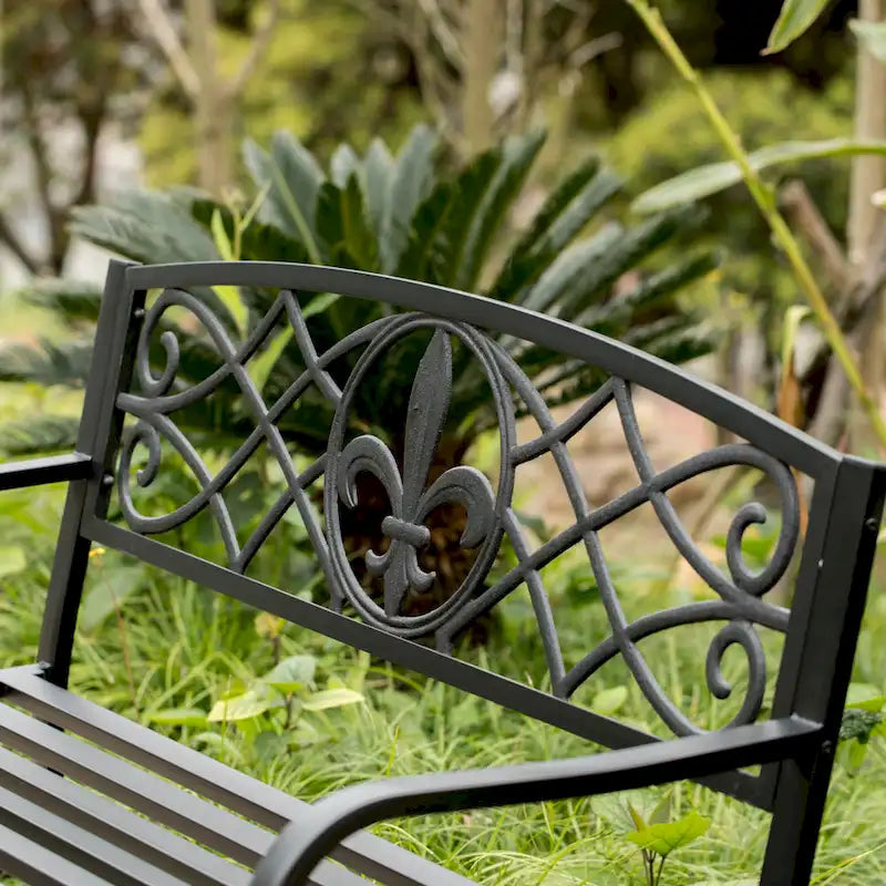 Banc de jardin extérieur en acier, décor de pelouse avec dossier en fonte au design unique, banc d'assise noir pour cour, patio, jardin