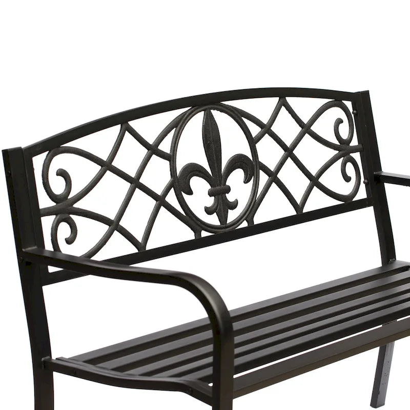 Banc de jardin extérieur en acier, décor de pelouse avec dossier en fonte au design unique, banc d'assise noir pour cour, patio, jardin