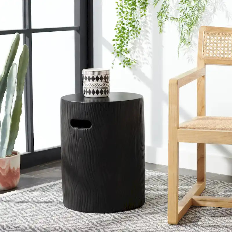 SAFAVIEH Reasilvia Table d'appoint ronde moderne en béton noir, utilisation intérieure/extérieure – 14.9 L x 14.9 l x 16.5 H – 15Wx15Dx17H