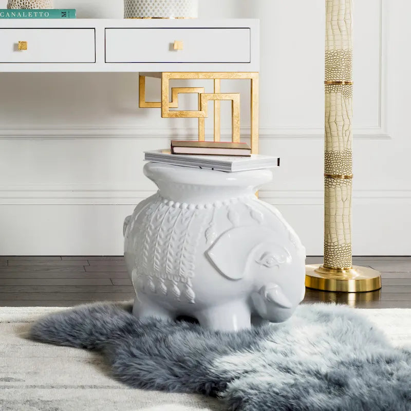 SAFAVIEH Paradise Ainara Elephant White Ceramic Decorative Garden Stool