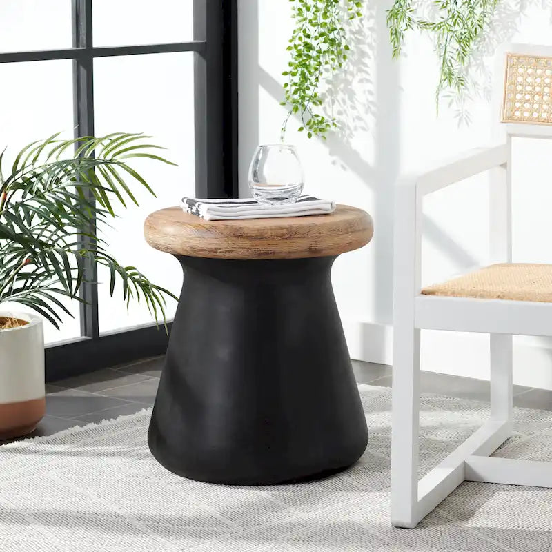 SAFAVIEH Muriele Table d'appoint ronde moderne en béton noir pour intérieur/extérieur - 16,5 L x 16,5 P x 18,1 H - 17Lx17Px18H