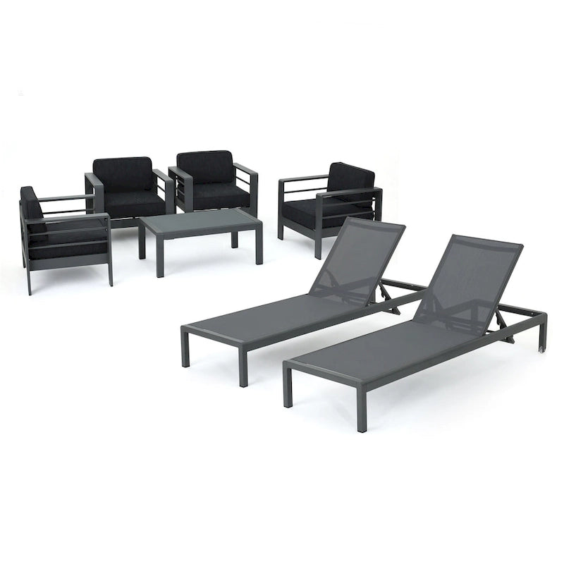 Ensemble de conversation 7 pièces en aluminium et verre trempé Cape Coral avec coussins par Christopher Knight Home