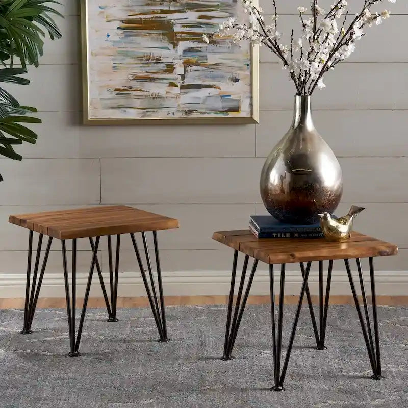 Table d'appoint industrielle en bois d'acacia d'extérieur Zion (lot de 2) par Christopher Knight Home