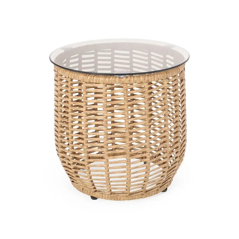 Table d'appoint d'extérieur en osier Boynton avec plateau en verre trempé de Christopher Knight Home - 15,50 l x 15,50 P x 15,50 H