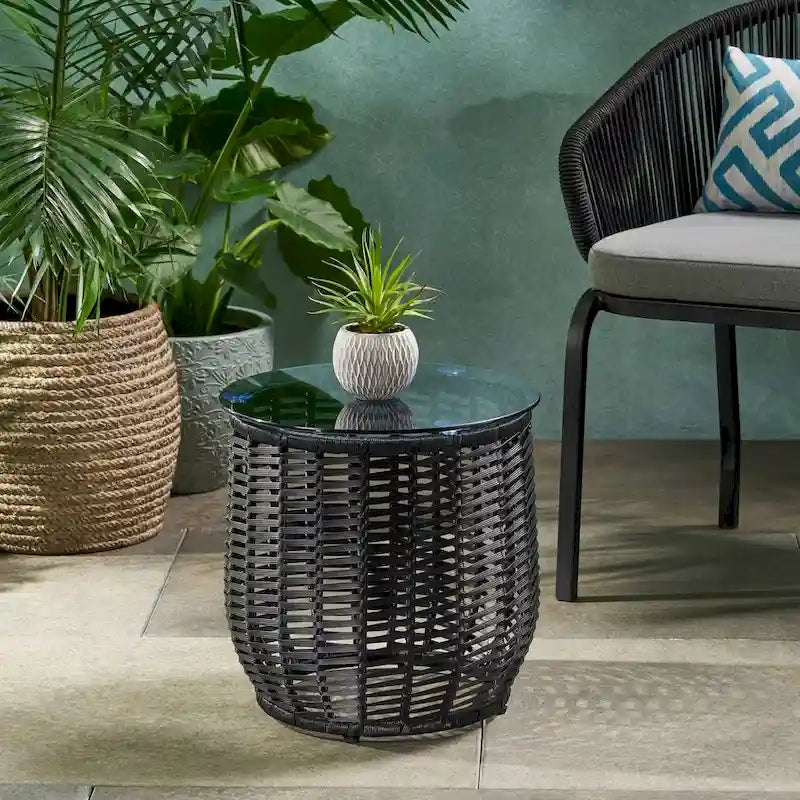 Boynton Outdoor Wicker Side Table with Tempered Glass Top by Christopher Knight Home - 15.50 W x 15.50 L x 15.50 H