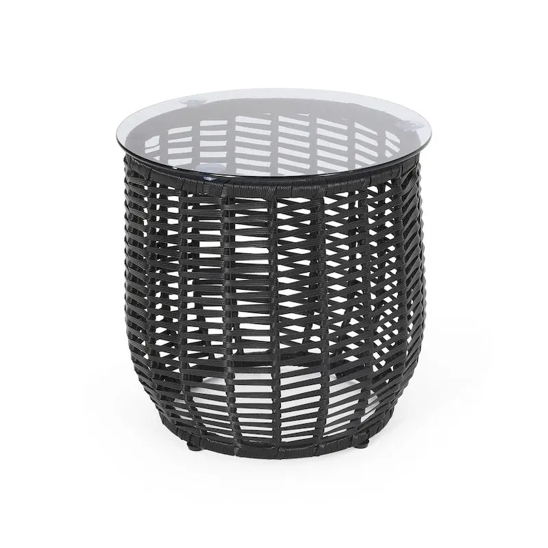 Table d'appoint d'extérieur en osier Boynton avec plateau en verre trempé de Christopher Knight Home - 15,50 l x 15,50 P x 15,50 H