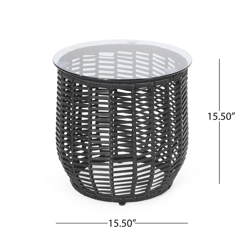 Table d'appoint d'extérieur en osier Boynton avec plateau en verre trempé de Christopher Knight Home - 15,50 l x 15,50 P x 15,50 H