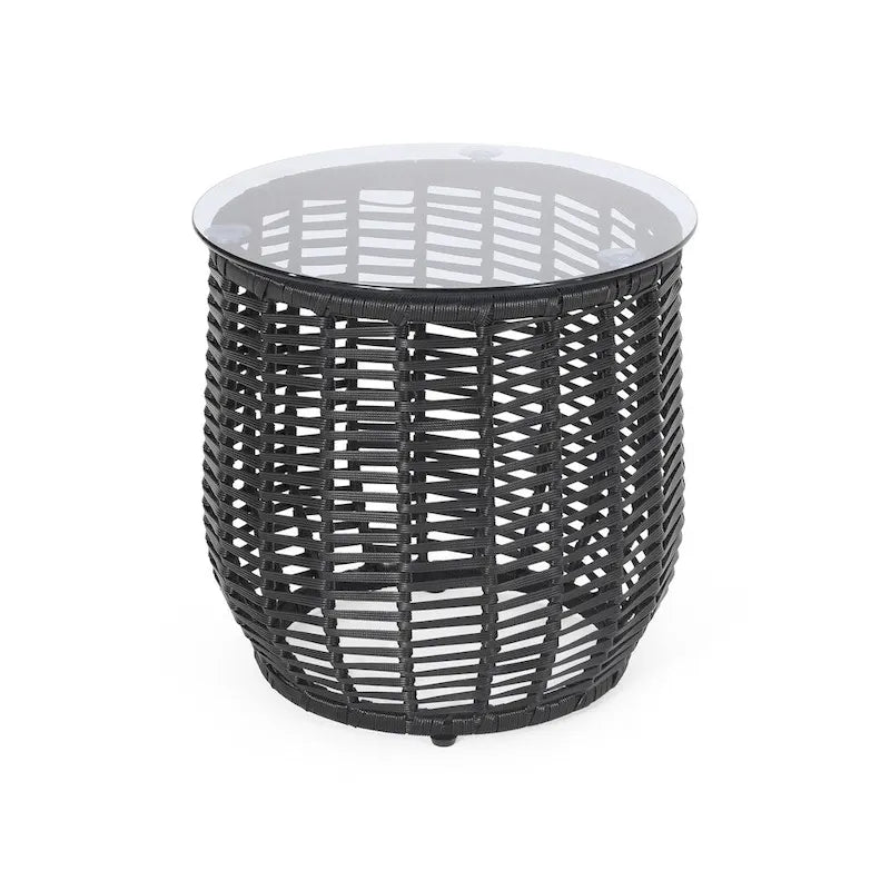 Table d'appoint d'extérieur en osier Boynton avec plateau en verre trempé de Christopher Knight Home - 15,50 l x 15,50 P x 15,50 H