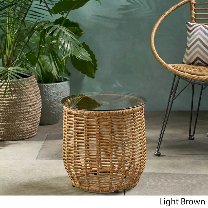 Table d'appoint d'extérieur en osier Boynton avec plateau en verre trempé de Christopher Knight Home - 15,50 l x 15,50 P x 15,50 H