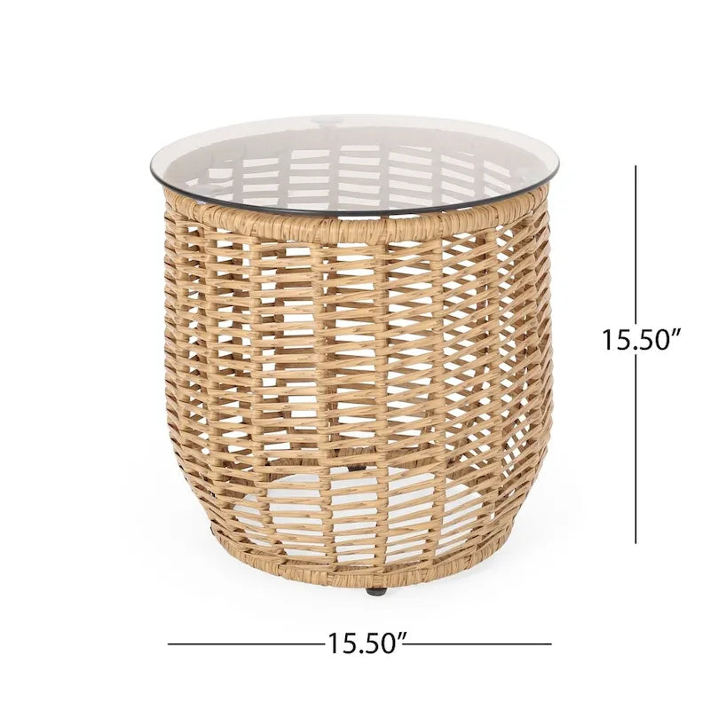 Table d'appoint d'extérieur en osier Boynton avec plateau en verre trempé de Christopher Knight Home - 15,50 l x 15,50 P x 15,50 H