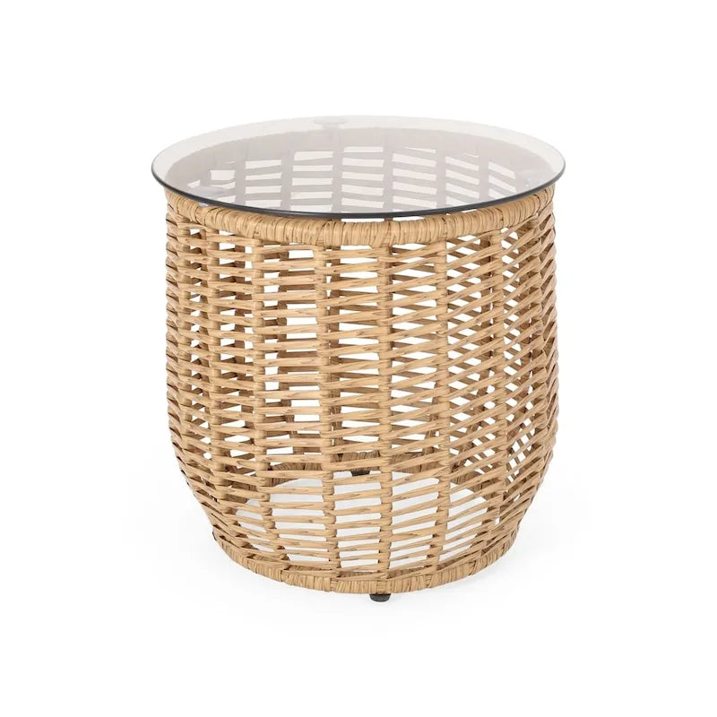 Table d'appoint d'extérieur en osier Boynton avec plateau en verre trempé de Christopher Knight Home - 15,50 l x 15,50 P x 15,50 H