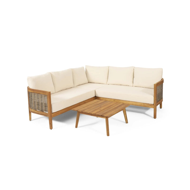 Ensemble de conversation d'extérieur modulaire 5 places en bois d'acacia et résine tressée ronde Burchett avec coussins, par Christopher Knight Home