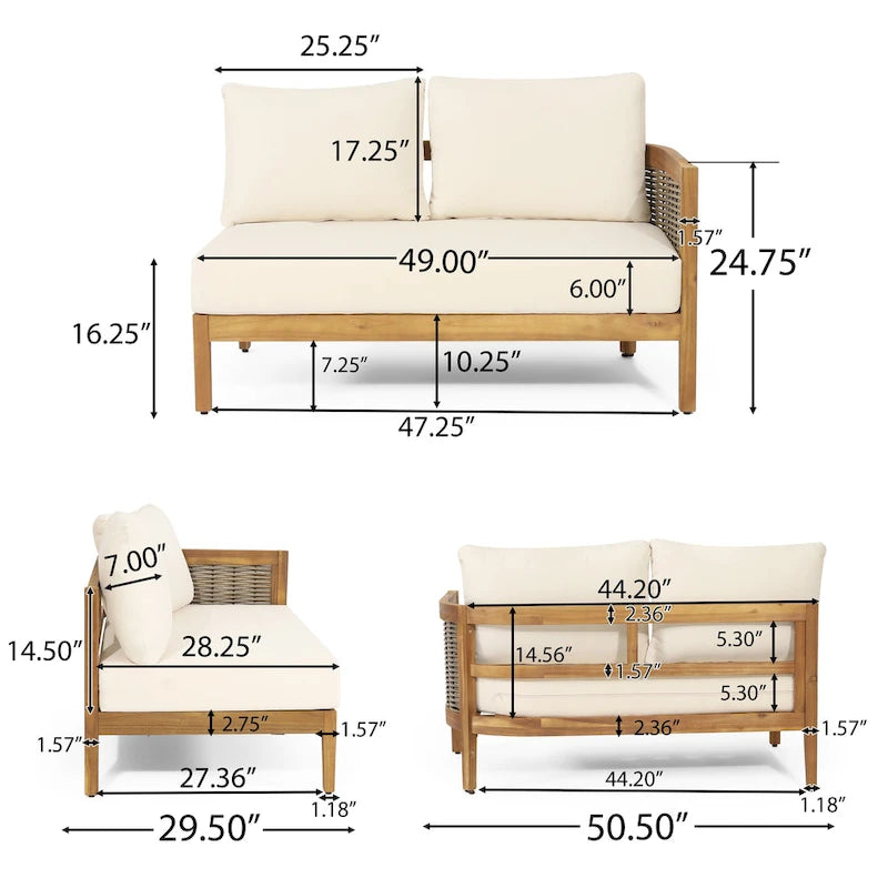 Ensemble de conversation d'extérieur modulaire 5 places en bois d'acacia et résine tressée ronde Burchett avec coussins, par Christopher Knight Home
