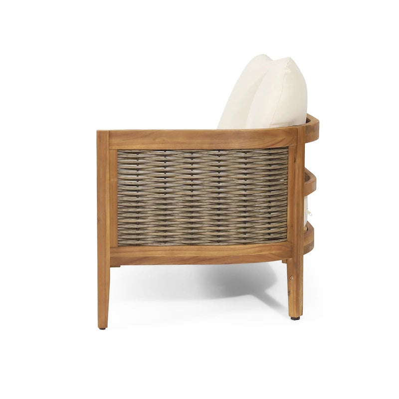 Ensemble de conversation d'extérieur modulaire 5 places en bois d'acacia et résine tressée ronde Burchett avec coussins, par Christopher Knight Home